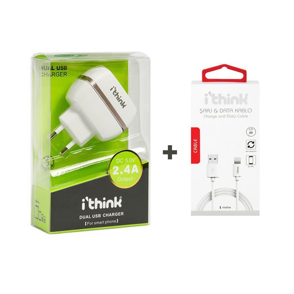 I'Think 2.4A Çift USB Çıkışlı Duvar Şarjı + USB Kablo