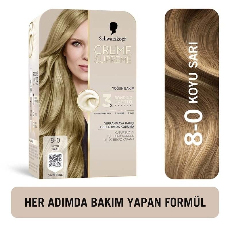 Schwarzkopf Creme Supreme Yoğun Bakım Full Kit Saç Boyası 8-0 Koyu Sarı