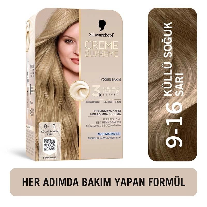 Schwarzkopf Creme Supreme Yoğun Bakım Full Kit Saç Boyası 9-16 Küllü Soğuk Sarı