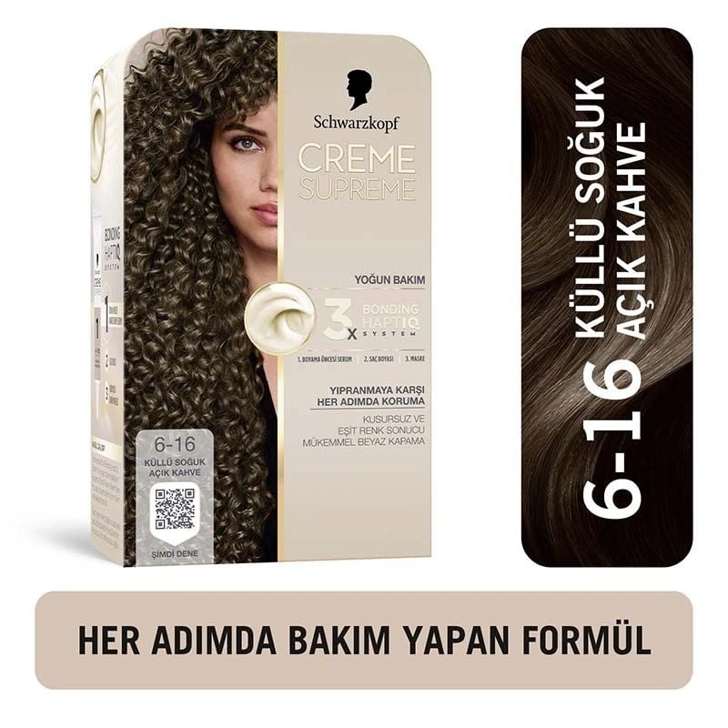 Schwarzkopf Creme Supreme Yoğun Bakım Full Kit Saç Boyası 6-16 Küllü Soğuk Açık Kahve