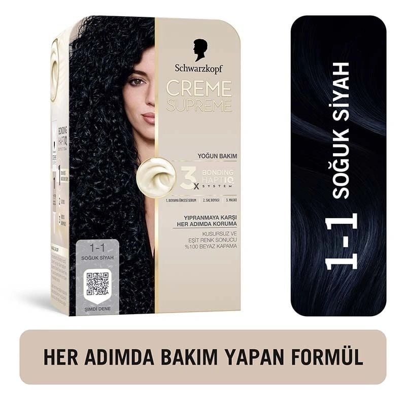 Schwarzkopf Creme Supreme Yoğun Bakım Full Kit Saç Boyası 1-1 Soğuk Siyah