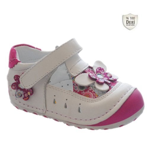 Minican Ortopedik İlk Adım Deri Kız Bebe Ayakkabı - Beyaz-Fuşya