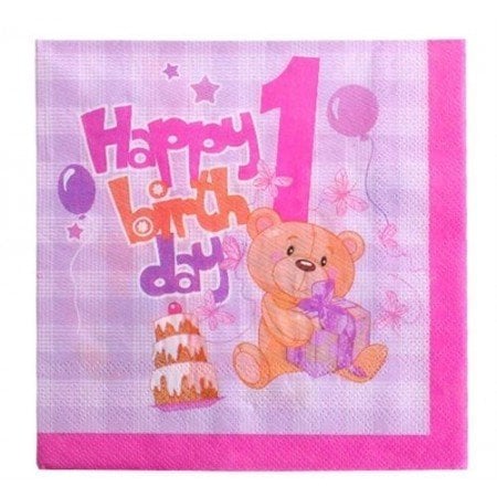 1 Yaş Pembe Ayıcıklı Happy Birthday Peçete