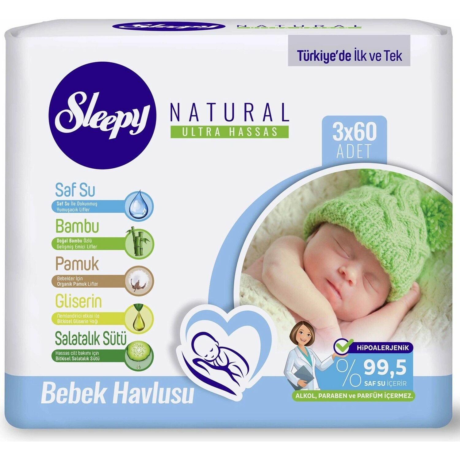 Sleepy Natural Ultra Hassas Bebek Islak Mendil 3x60 Adet