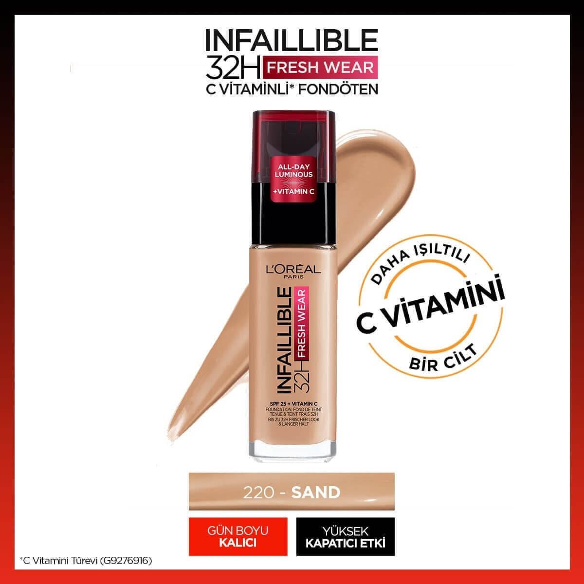 L'Oreal Paris Infaillible 32H Fresh Wear C Vitaminli Fondöten 220 Sand