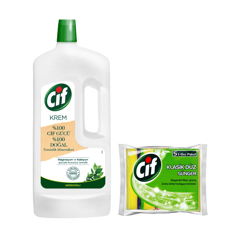 Cif Krem Temizleyici Amonyaklı 1500 ml + Cif Klasik 5'li Düz Sünger